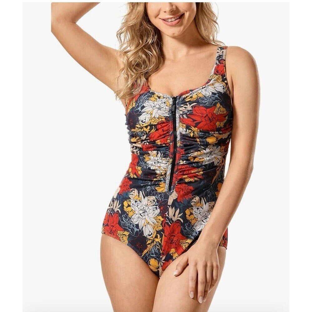 DELIMIRA Women's Bathing Suit Plus Size 22 Swimsuit Tummy Control Front Zip